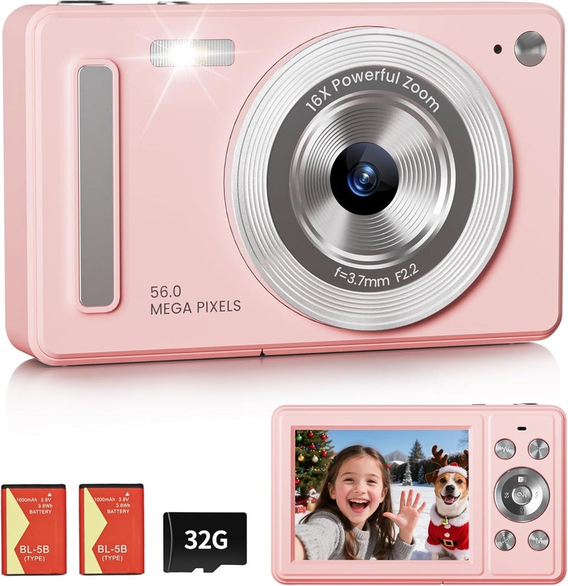 WONNIE كاميرا رقمية، كاميرا تصوير فوري FHD 1080P مع بطاقة SD سعة 32GB، 2 بطاريات، زوم 16X، مضادة للاهتزاز، تصميم صغير مدمج للأطفال والمراهقين والطلاب والفتيات والفتيان (وردي) - Image 1